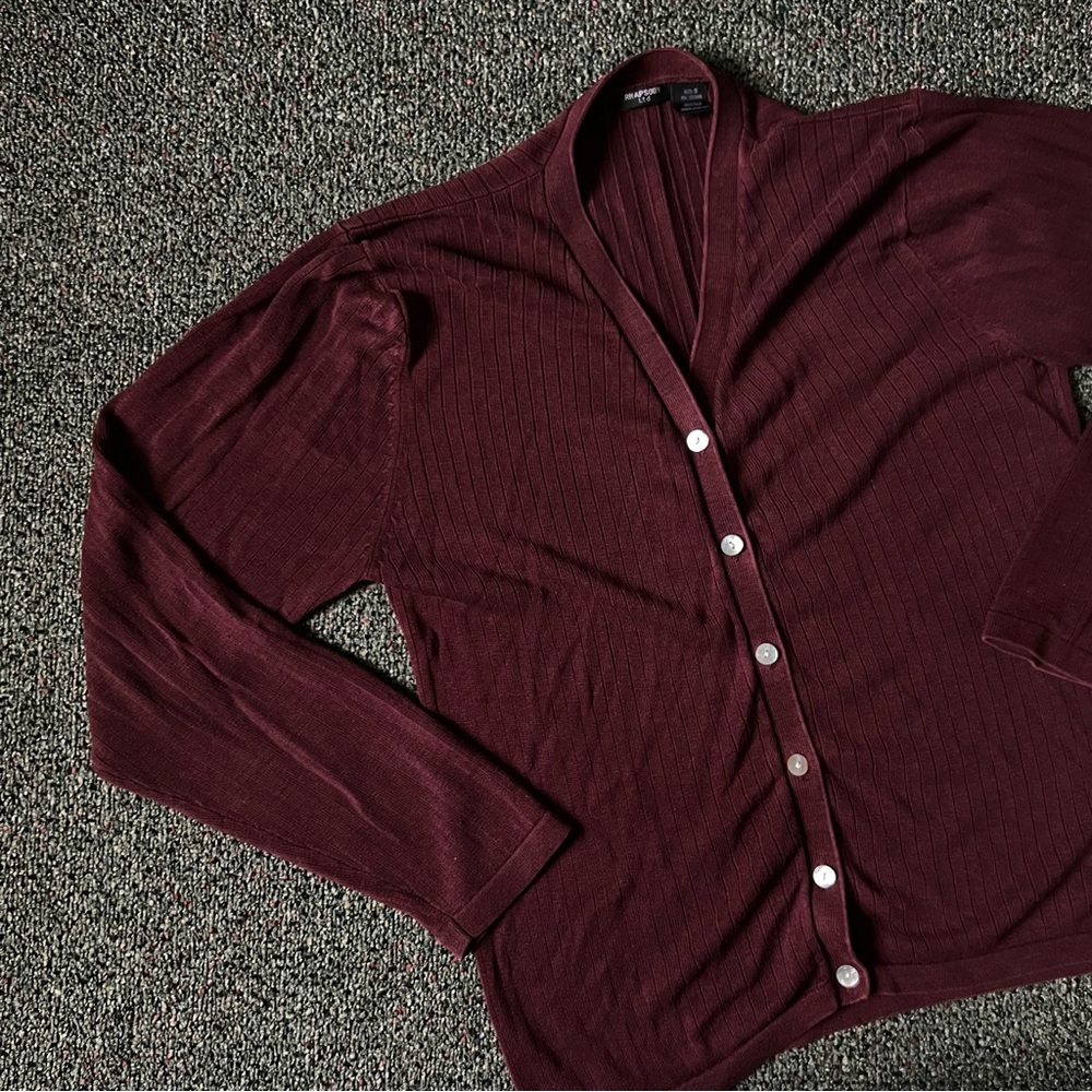 Maroon Burgundy Vintage 100% Silk Cardigan Ribbed Modest Long-Sleeve Sweater S - Picture 2 of 16